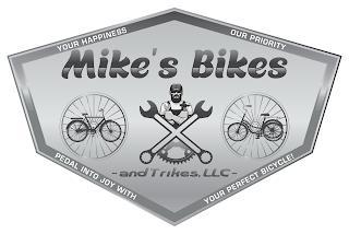 MIKE'S BIKES AND TRIKES, LLC YOUR HAPPINESS OUR PRIORITY PEDAL INTO JOY WITH YOUR PERFECT BICYCLE! trademark