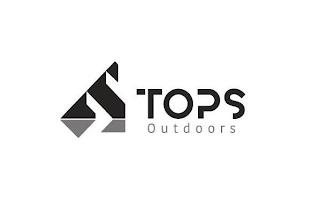 TOPS OUTDOORS INCLUDES A DESIGN ON THE LEFT , THE DESIGN MAIN BODY IS A SLANTED T SHAPE WITH A DARK GREY COLOR SHADE UNDERNEATH , THE T SHAPE MARKS LOOKS LIKE A MOUNTAIN AS WELL , THE WORD TOPS ON THE RIGHT SIDE OF THE MARK AND THE WORD OUTDOORS UNDERNEATH THE WORD OF TOPS trademark