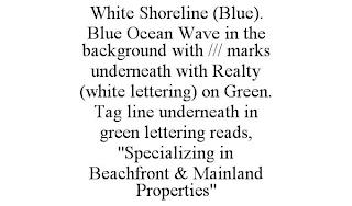 WHITE SHORELINE (BLUE). BLUE OCEAN WAVE IN THE BACKGROUND WITH /// MARKS UNDERNEATH WITH REALTY (WHITE LETTERING) ON GREEN. TAG LINE UNDERNEATH IN GREEN LETTERING READS, "SPECIALIZING IN BEACHFRONT & MAINLAND PROPERTIES" trademark